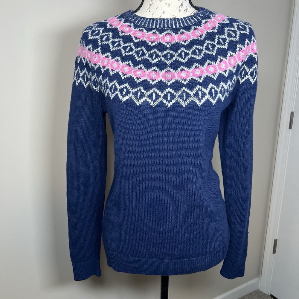 Talbots Lambswool Blend Fair Isle Sweater Small Blue Pink White Diamond Yoke